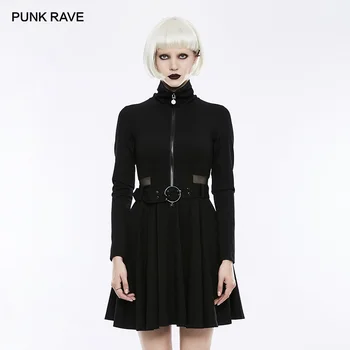 

PUNK RAVE Women's Gothic Daily Black Long Sleeve Handsome Pleated Dress Punk Fashion Mesh Waist Spliced Women Dress Streetwear