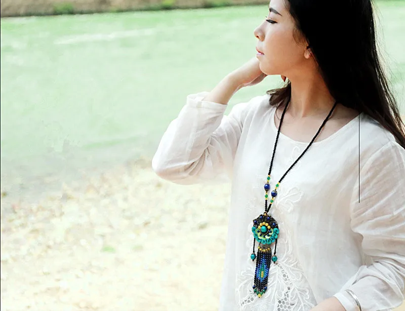Yanting 2018 Boho Necklace Shell Bronze Alloy Flower Pendants Long Tassel Necklace For Women Natural Stone Maxi Necklaces 043 (5)
