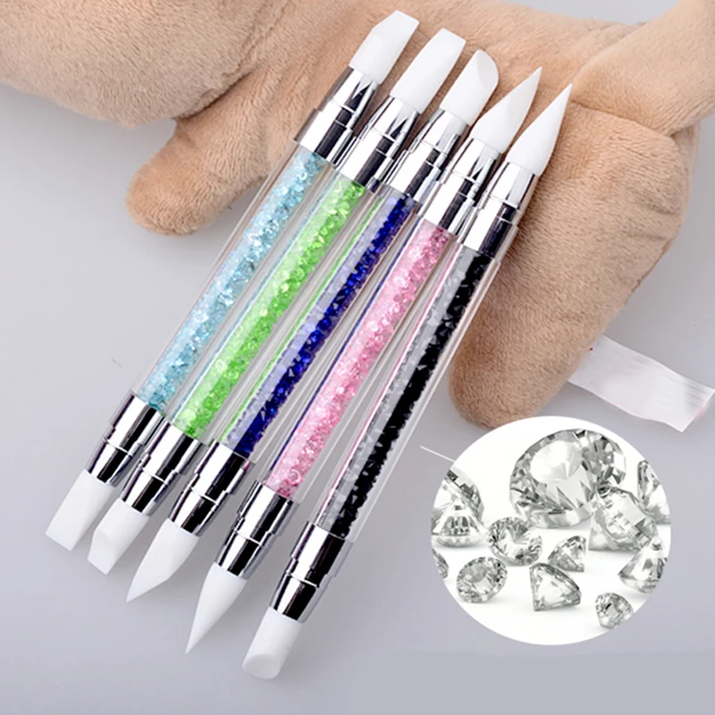 1Pcs Rhinestone Nail Art Painting Brushes Dual Tip Brush Silicone Head Nail Brush DIY Pencil Acrylic Quartz Handle