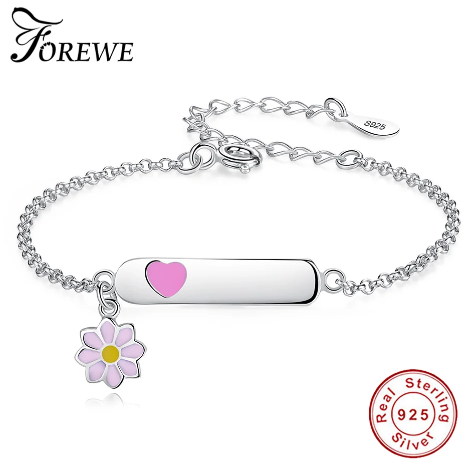 

FOREWE Customize Engrave Name Bracelets for Kids 925 Sterling Silver Custom Personalized Sunflower Charm Bracelets for Girls