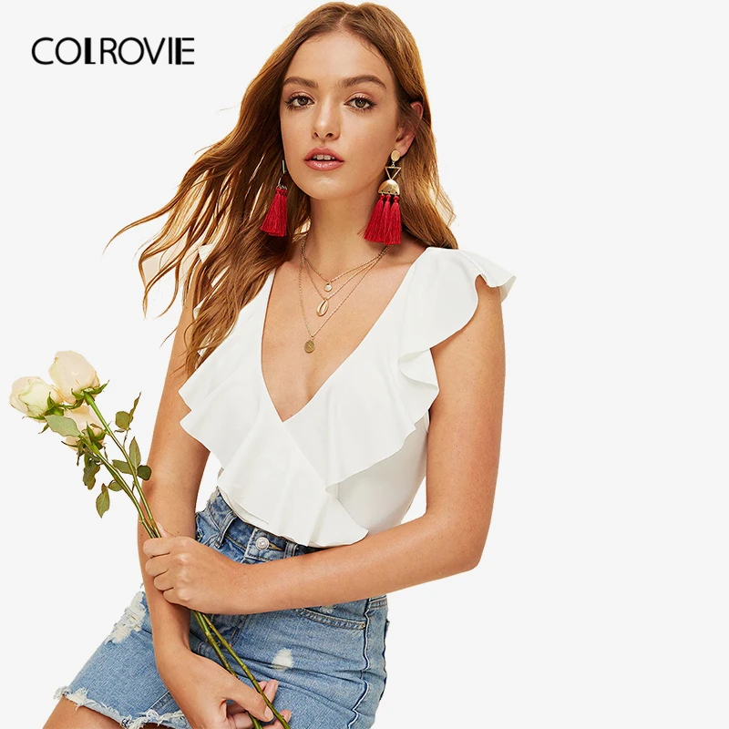 

COLROVIE White V Neck Ruffle Wrap Trim Criss Cross Backless Elegant Bodysuit Women 2019 Summer Sleeveless Korean Femme Bodysuits