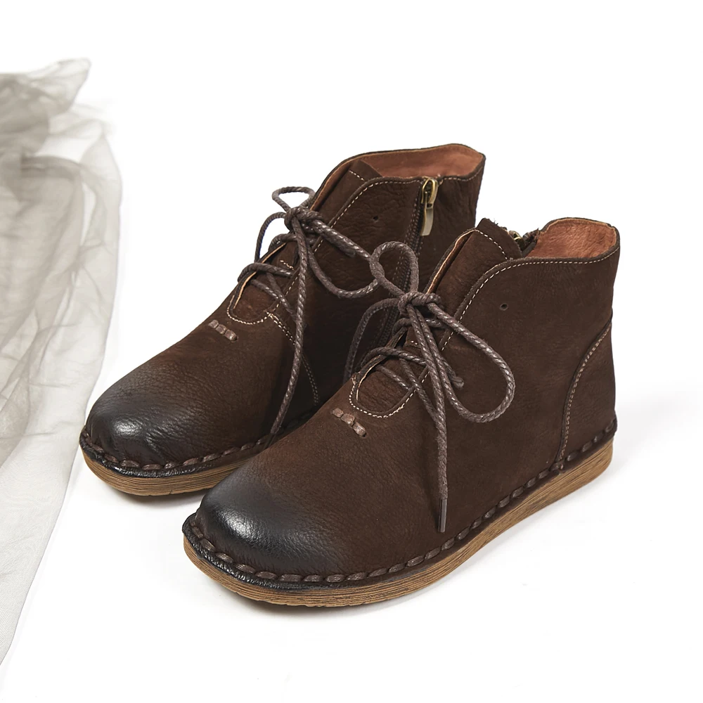 

2018 winter new leather cowhide ankle boots with beef tendon soft sole single boots hand stitching women's boots