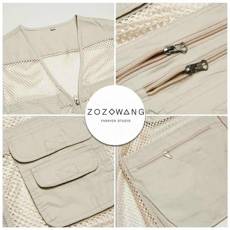 Zozowang 2017 new solid v-neck zipper spring summer autumn plus size 3XL waist coat men fashion Multi-pocket vest men Khaki