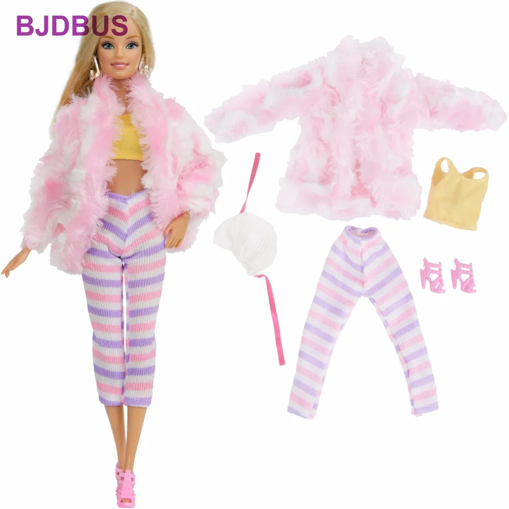 

Fashion Winter Outfit Casual Wear Pink Coat + Tops + Legging Stripe Pants + High Heels Shoes + Hat Clothes For Barbie Doll Gifts