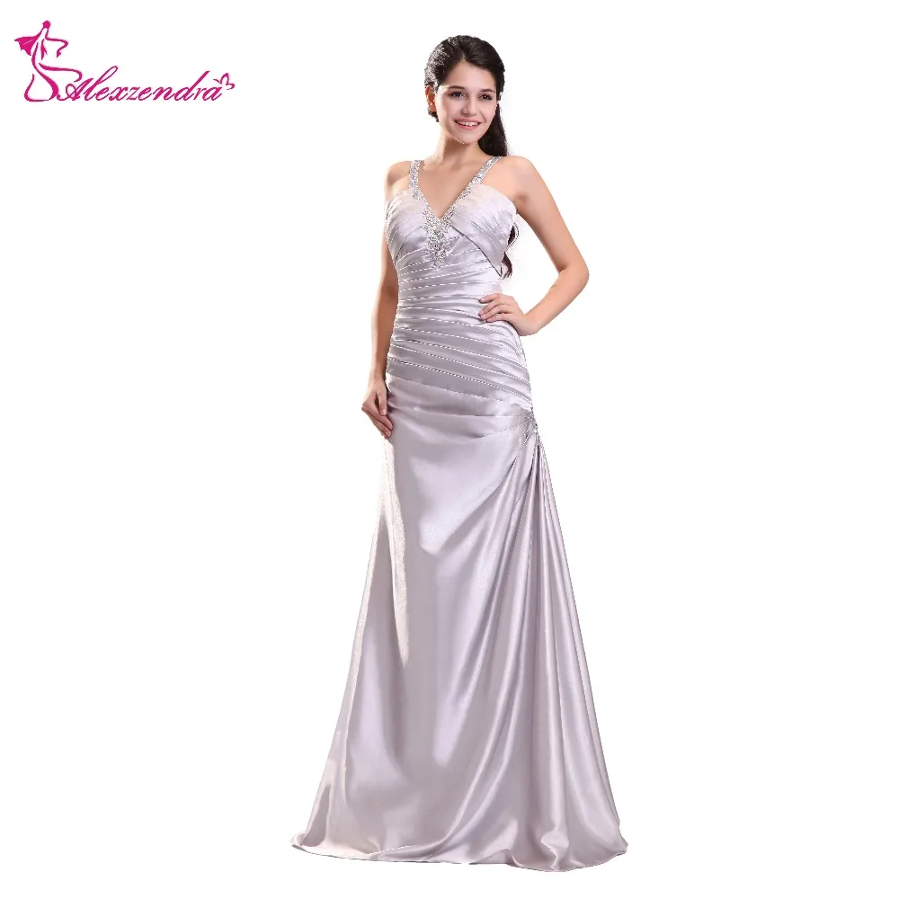Alexzendra Silver A Line Pleats Beaded Sexy Formal Evening Dress Prom