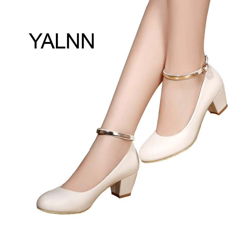 YALNN Women's 5cm High Heels Pumps Office Lady Women Shoes Sexy Bride Party Thick Heel Round Toe Leather High Heel Shoes