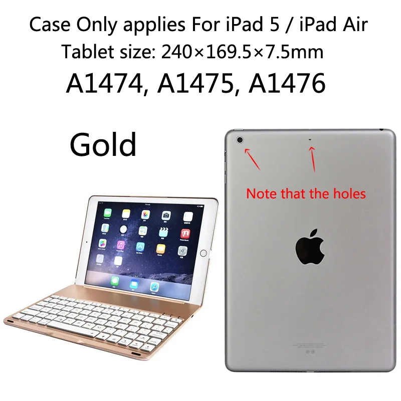 Чехол для iPad Air Keyboard, 7 цветов, с подсветкой, беспроводной, Bluetooth, чехол для клавиатуры, чехол для iPad 5/для iPad5+ подарок - Цвет: Gold