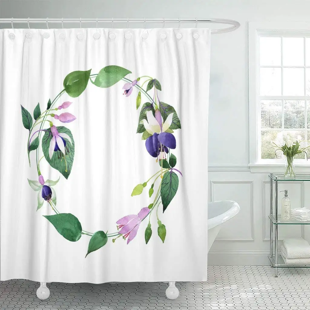 

Shower Curtain with Hooks Wildflower Fuchsia Flower Wreath in Watercolor Full Name of The Plant Aquarelle Wild