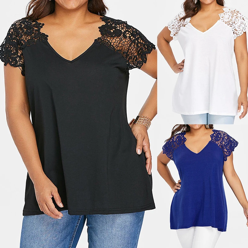 Women's Blouse 2019 Summer Oversized Short Sleeve Loose Shirt Ladies V-Neck Lace Patchwork Casual Tops Tunic Shirt Femme Blusas