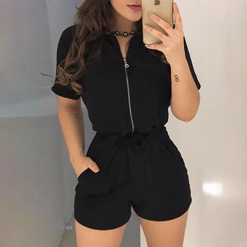 

Women Summer Short Sleeve Zipper Design Romper Casual Solid Street Wear Fashion New Trends Slim Fit Black Playsuits