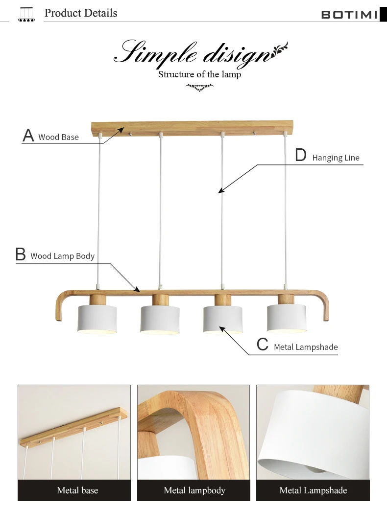BOTIMI современный светодиодный подвесной светильник с металлическим абажуром для столовой деревянный подвесной светильник E27 деревянный кухонный светильник
