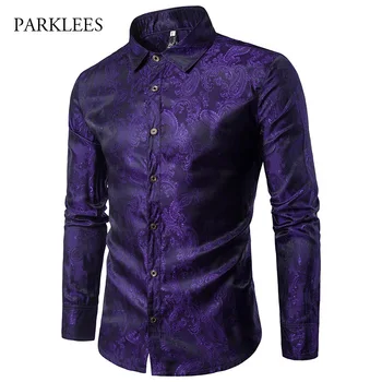 

Mens Hipster Silk Satin Shirt Men Paisley Floral Print Tuxedo Shirts Men Dress Slim Fit Long Sleeve Nightclub Perform Show Shirt