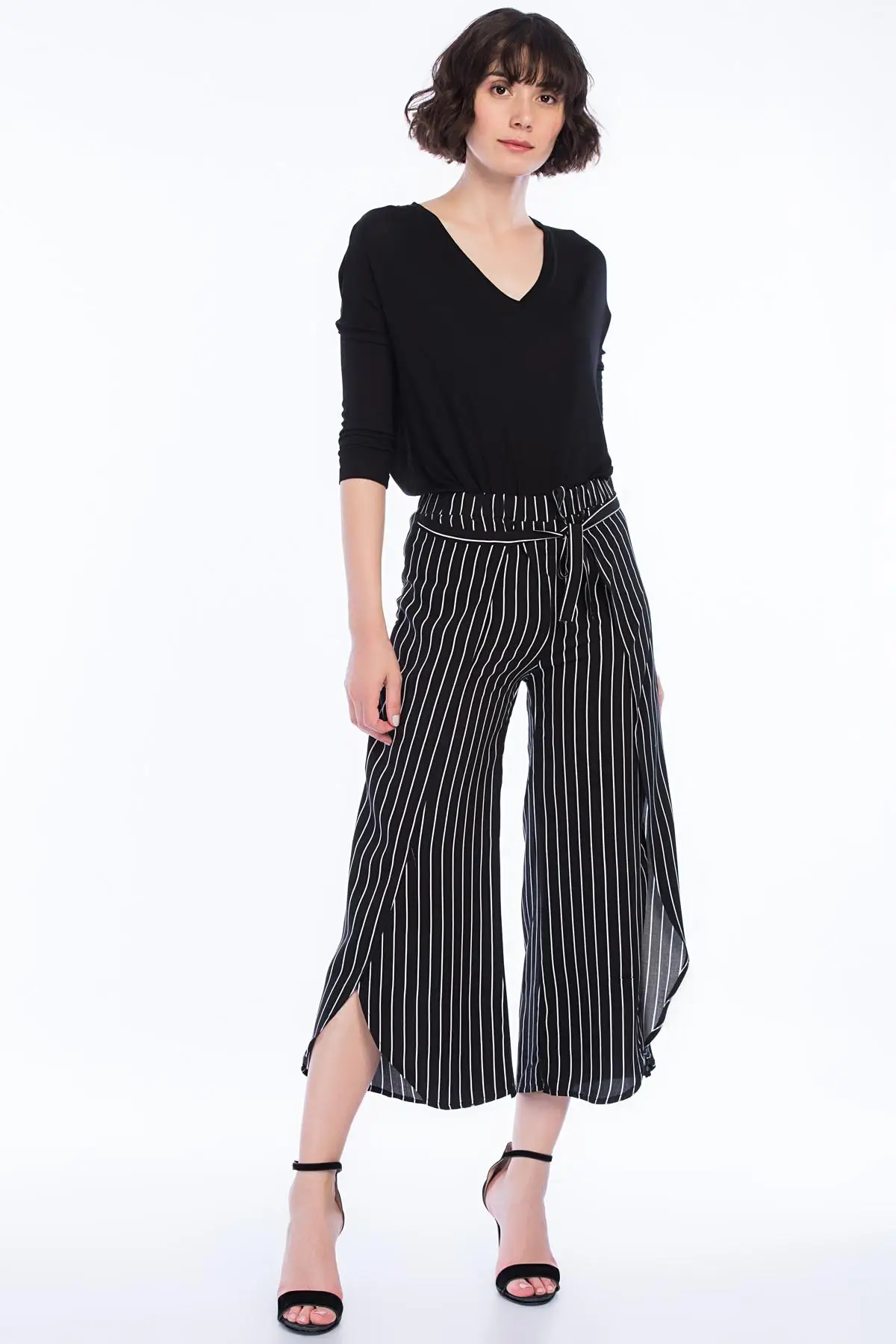 Cotton Mood Women 'S Black White Striped Viscose Woven Gusset Pants