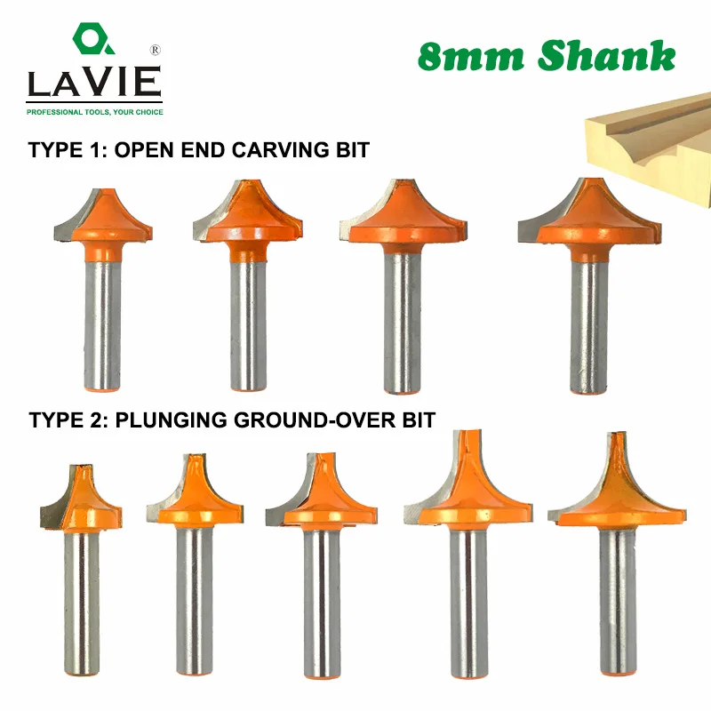  4pcs 5pcs 8mm Shank Round Open End Carving Bit Plunging Round Over Shaker Router Bit Woodwork Milli