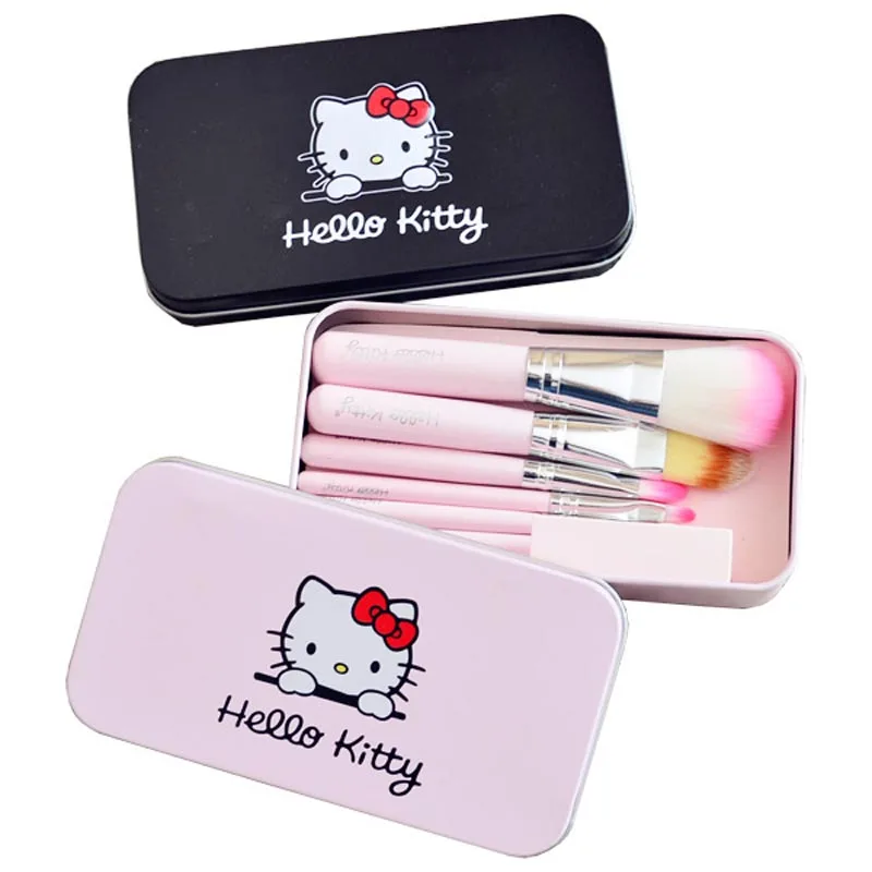 Newest Black/Pink Hello Kitty 7Pcs Makeup Brush Set Mini Professional Facial Cosmetics Make Up Brushes Set With Metal Box