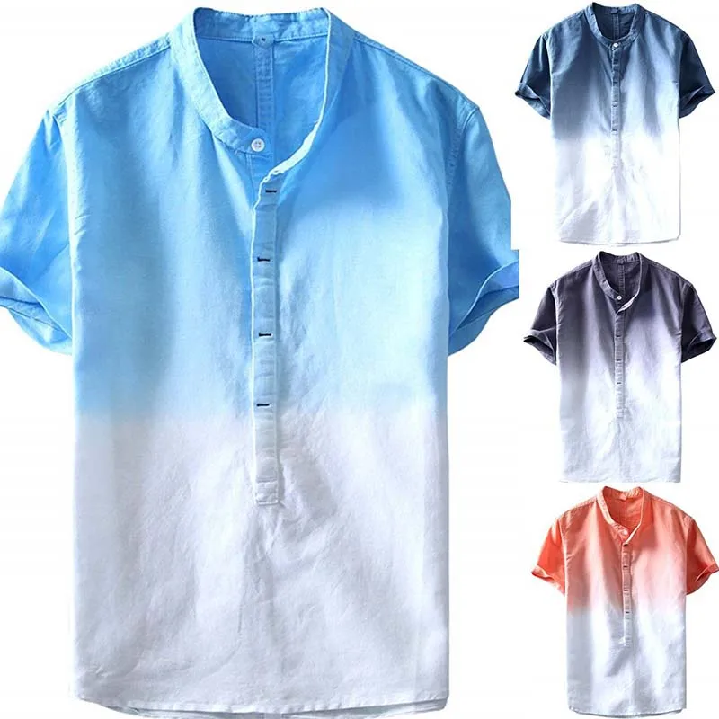 

Gradient Blue 2019 Summer Men's Linen shirt Men Brand Short Sleeve Shirt Mens shirts Male Casual Camisa Dropshipping