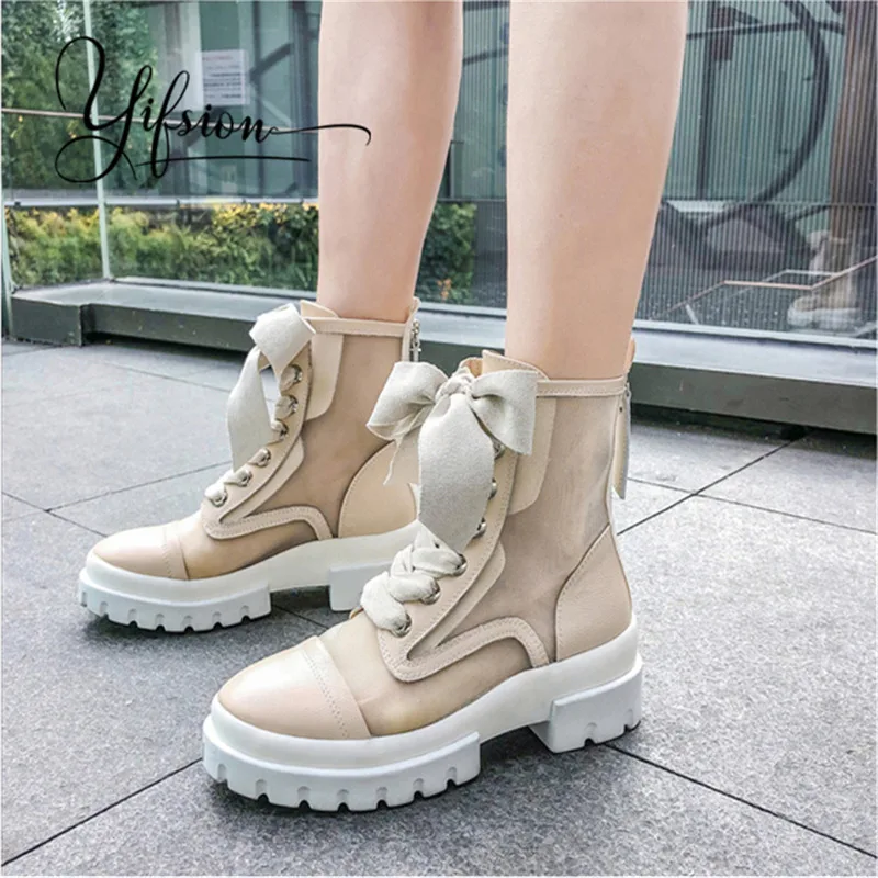 

OLOME New Fashion Black Air Mesh Women Ankle Boots Round Toe Back Zip Cross-tied Thick Low Heel Women Summer Boots Shoes Woman