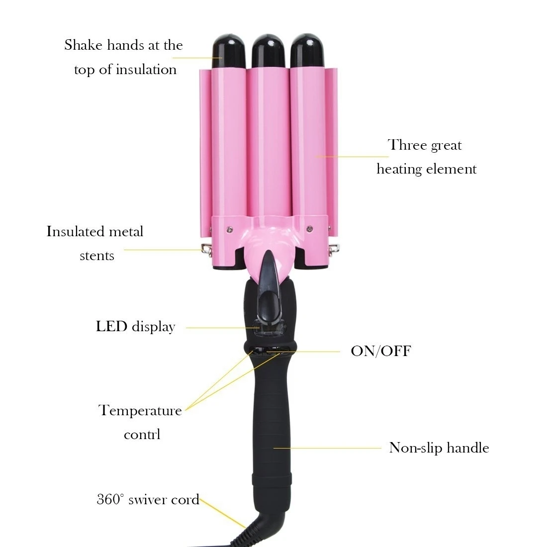 Hair Waver,Beach Curls Curling Iron,Professional Pink 3 Barrel Hair Curling Iron Hair Waver Curling Wand Pink Color (1)