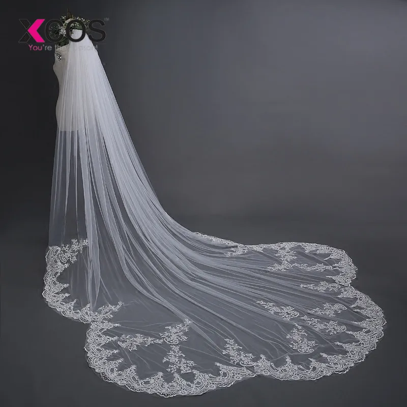 Appliques Tulle Long Cathedral Wedding Veil Lace Edge Bridal Veil with Comb veu de noiva longo 
