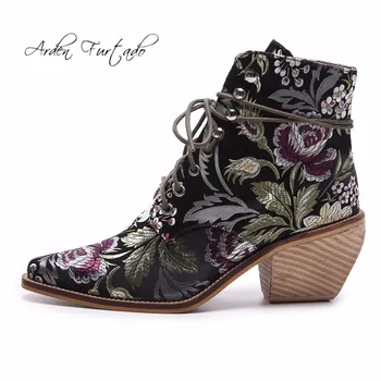 

Arden Furtado 2018 spring autumn new style big size 40-43 flowers chunky heels 7cm cross tied ankle boots shoes woman ankle boot