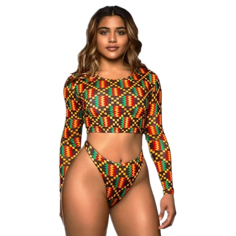 African Ethnic Brazilian Bikini High Waist Thong Bikini Long Sleeve