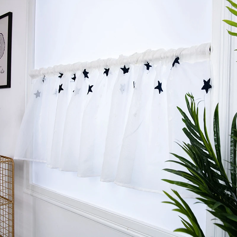 

Rod Pocket Home Decor Embroidered Stars Semi Tier Curtain, Short Curtain For Kitchen Bathroom Living Room