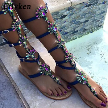 

Eilyken 2020 New Summer Flats Sandal Gladiator Gold Blue Crystal Knee High Buckle Strap Woman Boots Bohemia Style Shoes