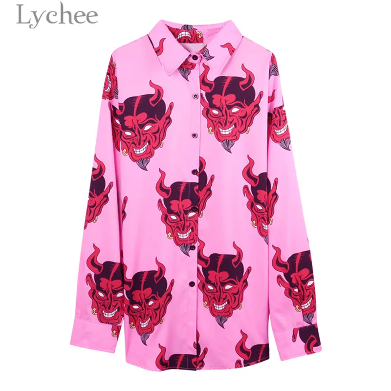 Lychee Харадзюку с принтом демона Летняя женская блузка панк готика Повседневная Свободная рубашка с коротким рукавом топы женские - Цвет: Long Sleeve Pink