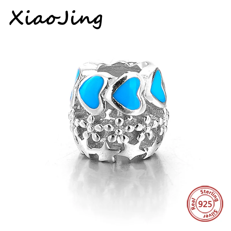 

925 sterling Silver hollow charms Beads with blue love heart enamel Fit authentic European Bracelets diy Jewelry making Gifts