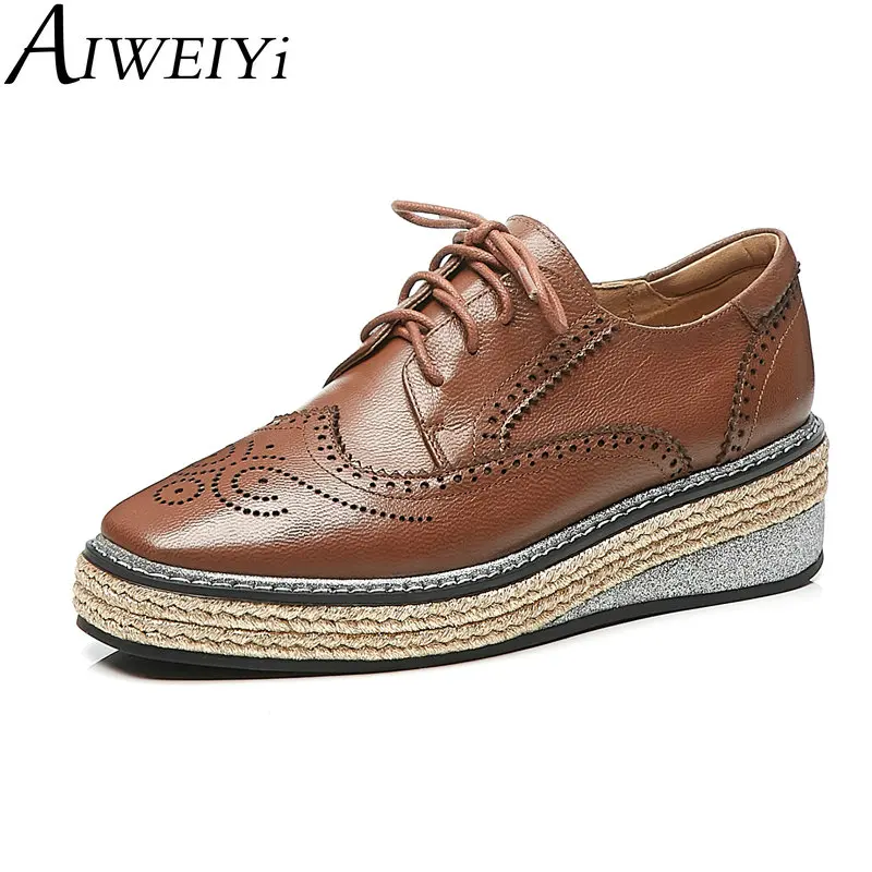 

AIWEIYi Women Genuine Leather Oxford Shoes Black Rivets Round Toe Flats Lace Up Brogues Oxfords Shoes Ladies Casual Shoes