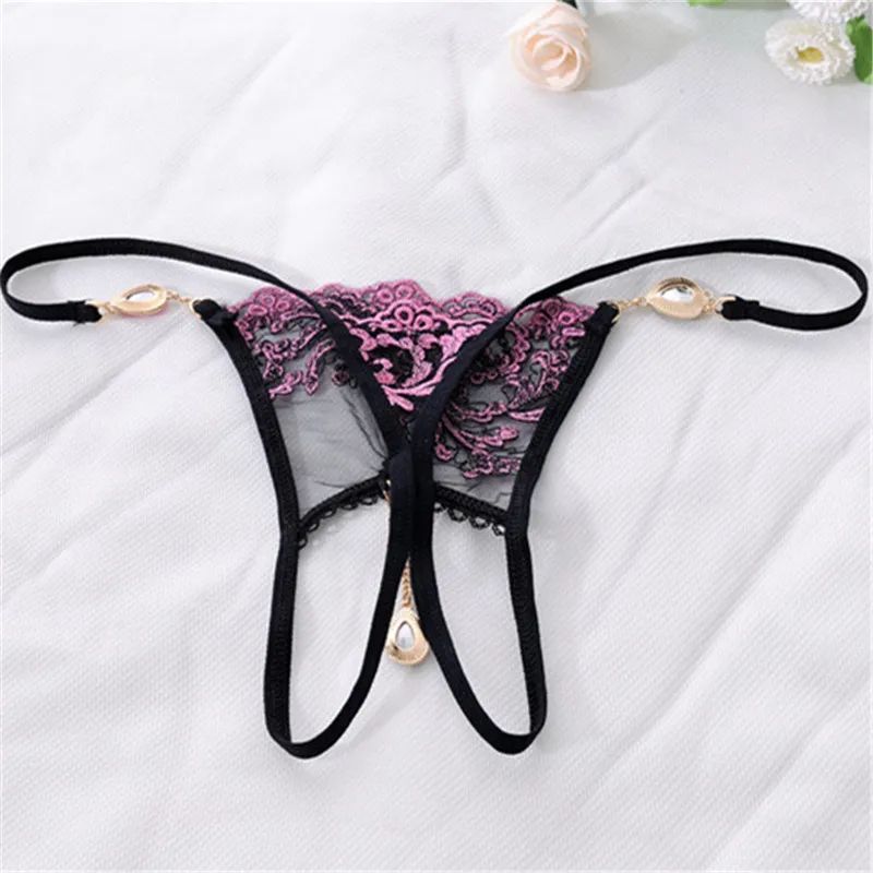 Women's Erotic Panties Female Erotic Lingerie Sexy Embroidery Crotchless Panties With Pendant Open Crotch Sex Thongs Underwear