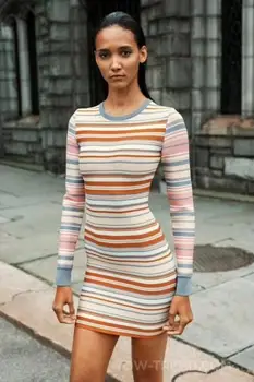 

High Quality Striped Long Sleeve Rayon Bandage Dress Elegant Evening Party Dress