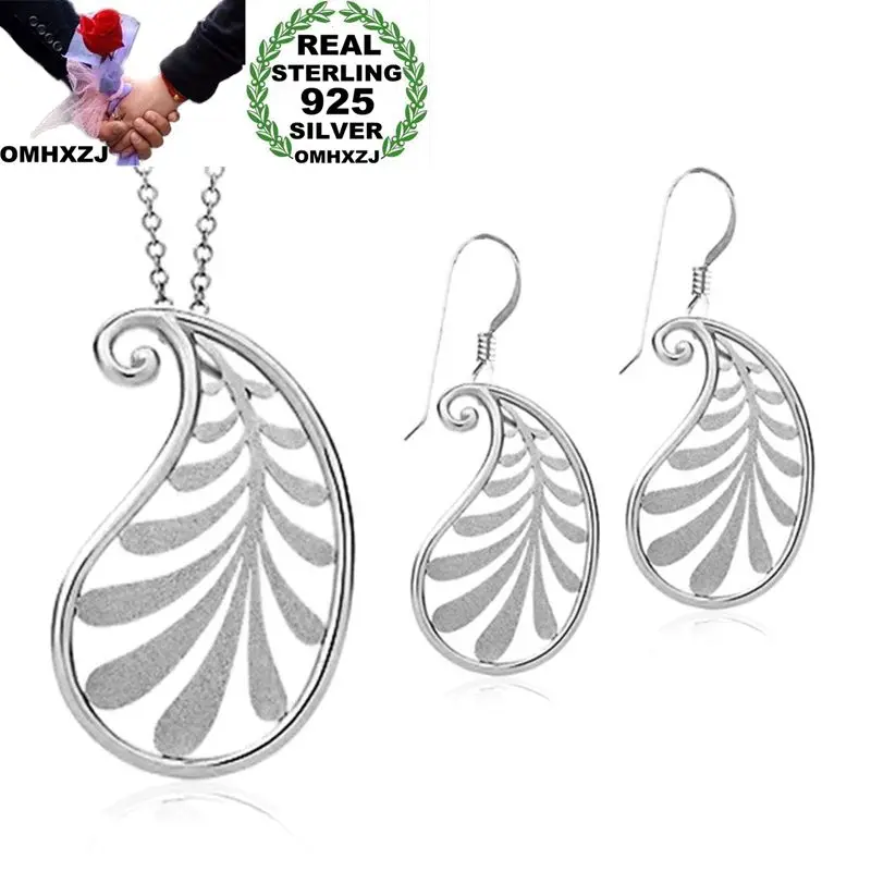 

OMHXZJ Wholesale Personality Fashion OL Woman Girl Party Silver Feather 925 Sterling Silver Earrings + Necklace Jewelry Set SE11