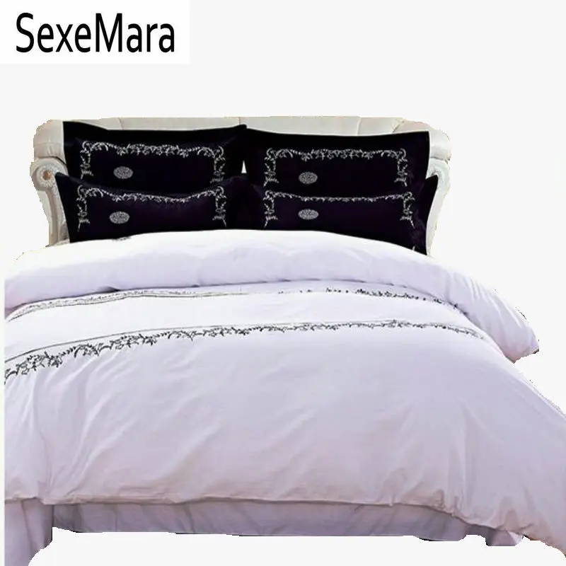 Black White Embroidered bedding set queen king 4pcs Pure Color hotel quilt/duvet cover bed linen