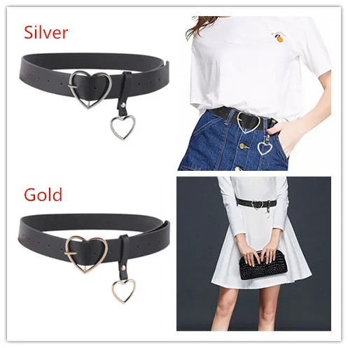 Metal Heart Buckle Belt For Women PU Leather Belts Silver/Gold Color Buckle Waistband Wedding Party Dress Jeans Decor For Ladies