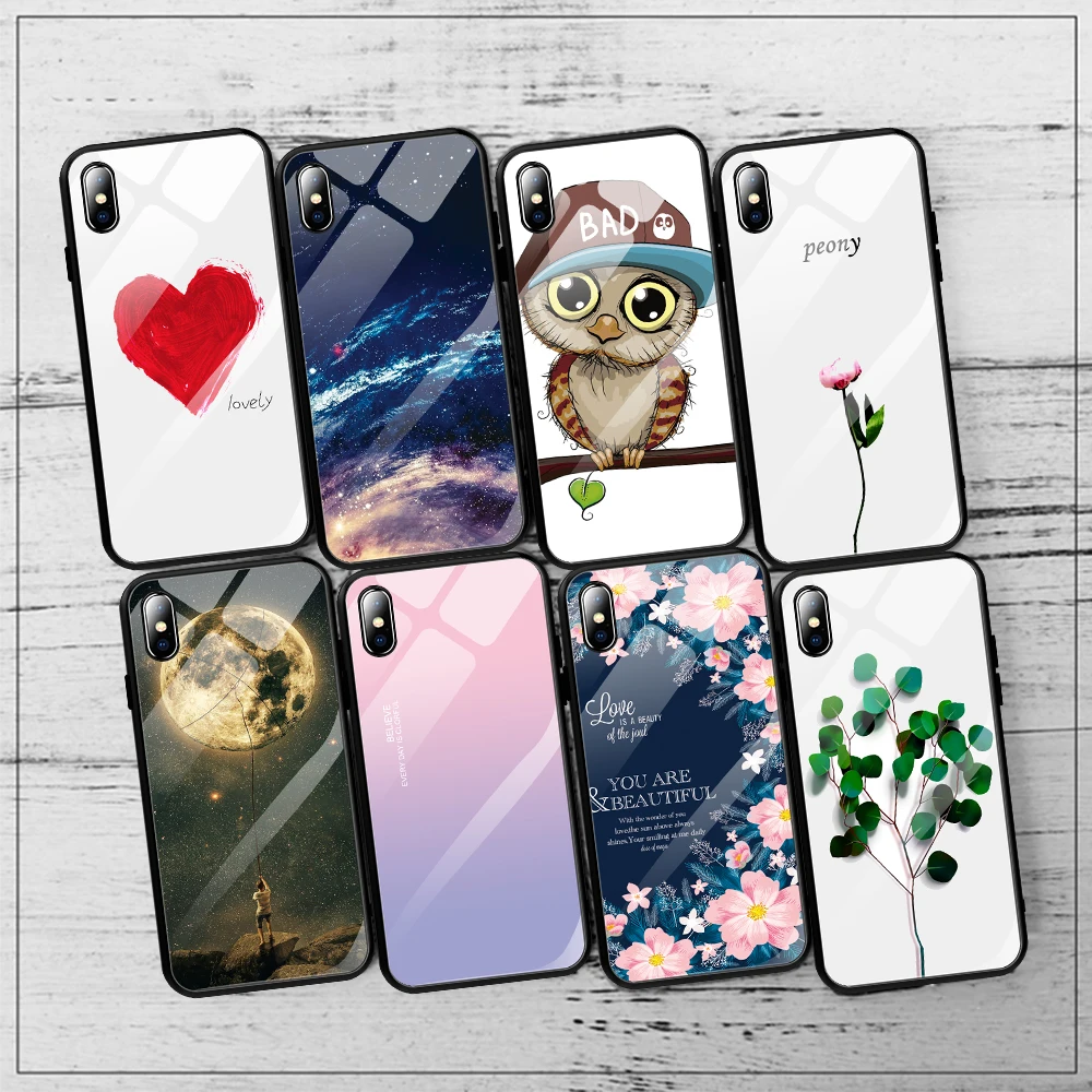 

Gradient Glass Painted Phone Case For iPhone XS Max X 7 8 6 6S Plus XR Tempered Glass Moon Space Star Shockproof Cover Case