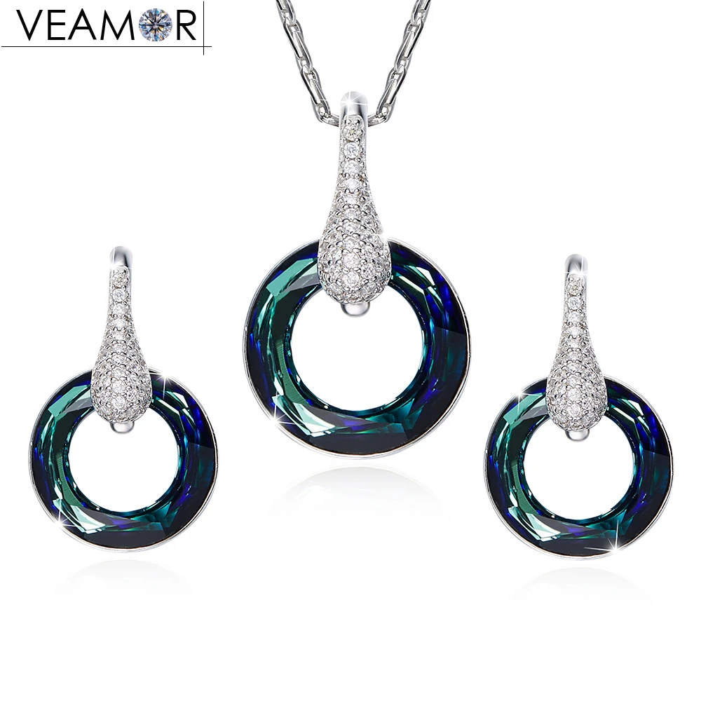 

Veamor Real 925 sterling silver jewelry set love circle necklace and earrings blue crystals from Australia women fashion jewelry