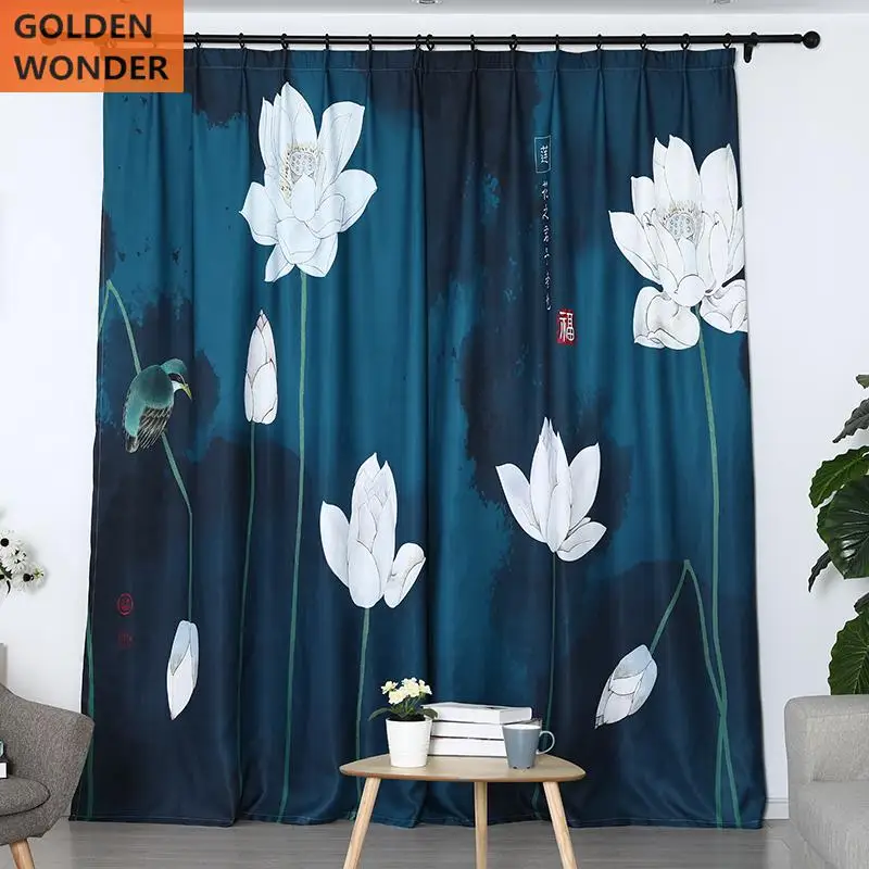 

Customized Finished Curtains For Living Room Blackout Curtains Window Curtain Bed Room Dark Blue Flower Pattern