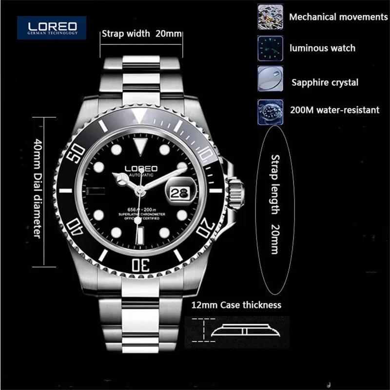 

LOREO Aliexpress Top Brand Men's Automatic Mechanical Watch Stainless Steel Strap Date Calendar Sub-Dial SPORTS DESIGN AB2283