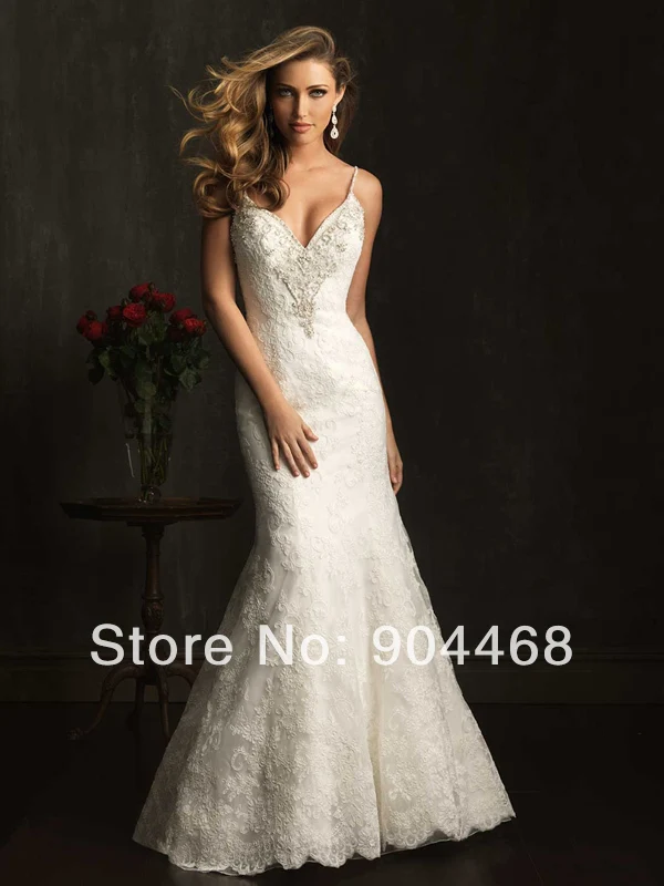 2015 Brand New A-line white/Ivory satin lace beaded sashes dresses wedding gown |