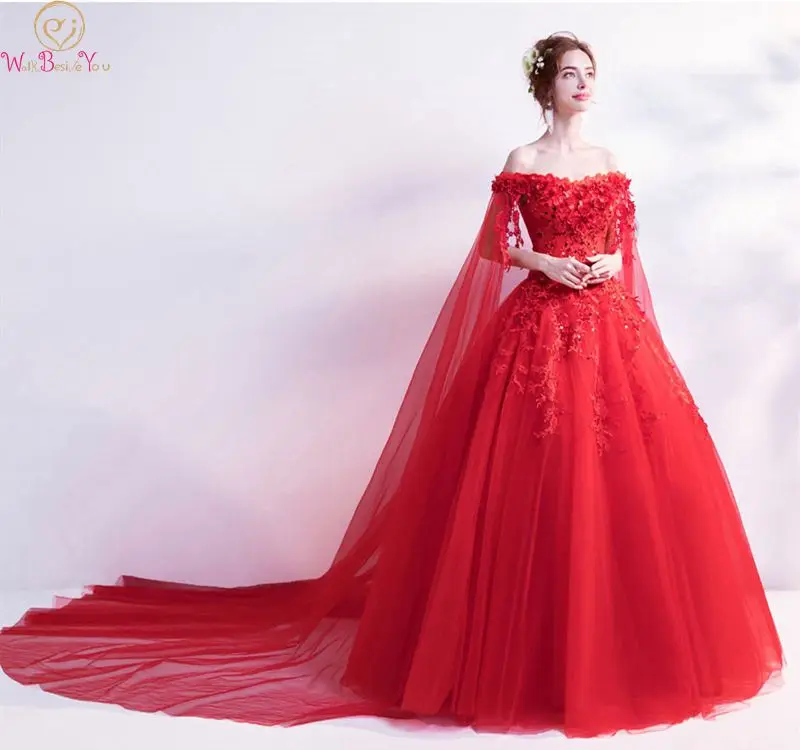 red off the shoulder ball gown