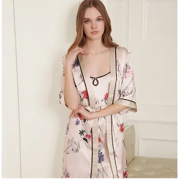 

Pure Silk Sleepwear Twinset Women Sexy Nightgown 100% Mulberry Silk Flower Print Robe Sets M/L/XL Free Shipping