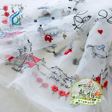 Off White Organza Cartoon Embroidery Fabric for Dress,Organza Curtain Cloth,Apparel Sewing Organza Fabrics,Width150cm
