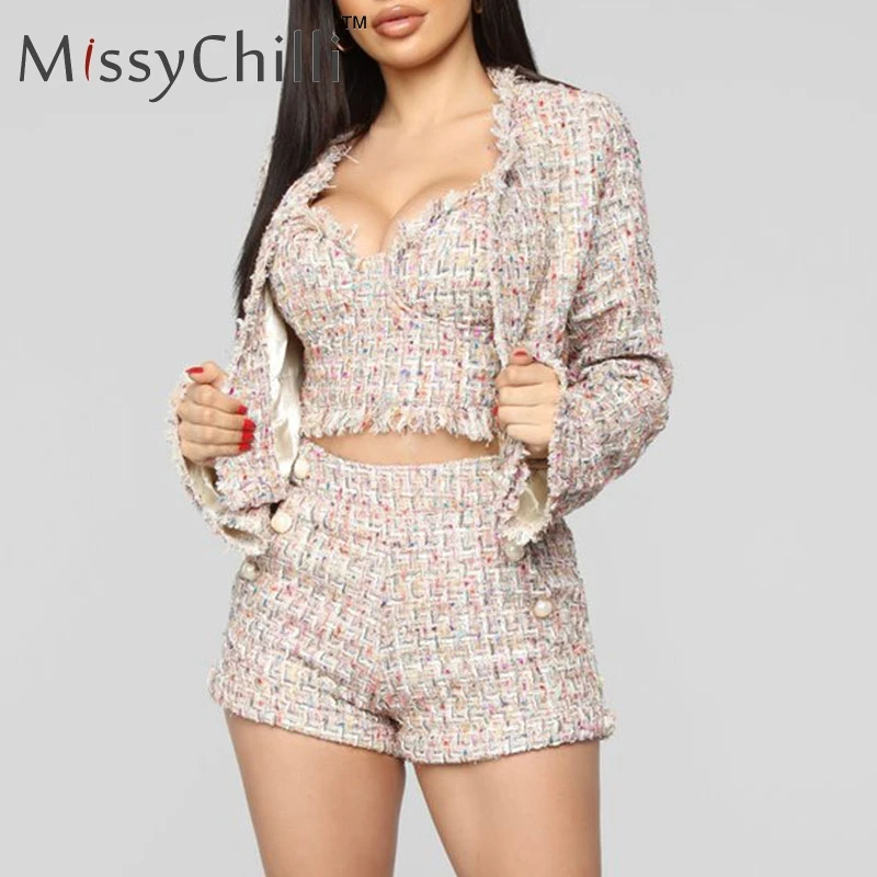 MissyChilli Lurex tweed Клубные костюмы из трех предметов женский сексуальный блейзер с длинным рукавом пальто женские осенние элегантные вечерние пиджаки