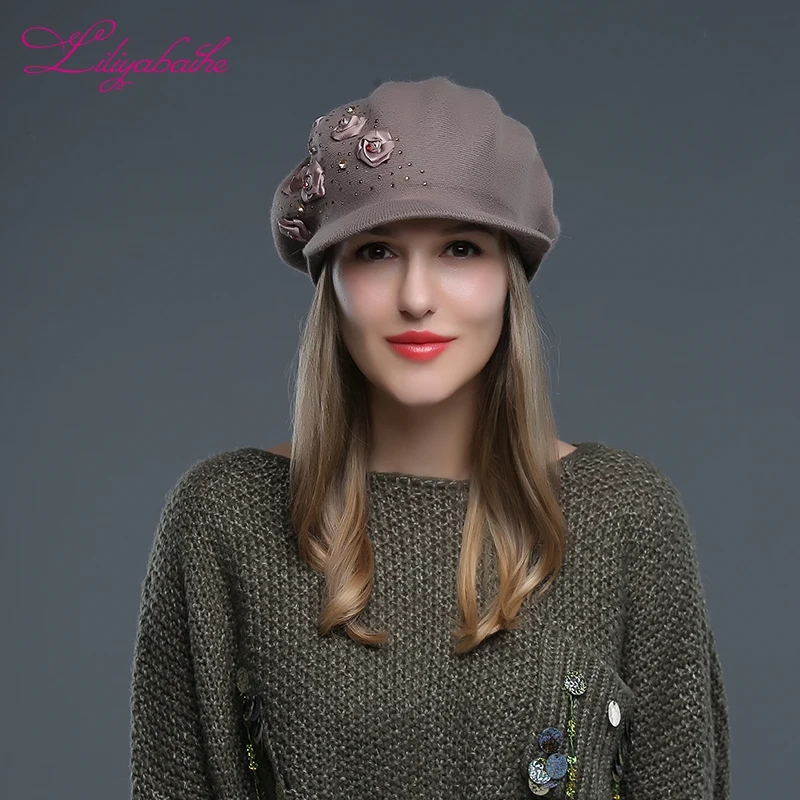 Tanie LILIYABAIHE kobiety kapelusz rondo dzianiny wełna angora czapka czapka zimowa ręcznie robiona róża zakrętka w kształcie kwiatu dziewczyna