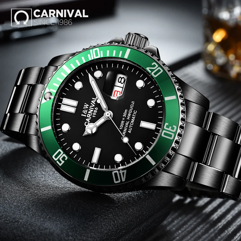 

CARNIVAL 316L Stainless Collection Men Watche Topbrand Luxury Black Steel Strap Waterproof Luminous Automatic Mechanical Watch