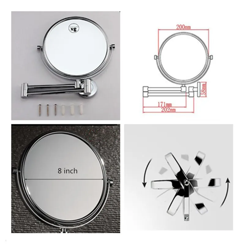 Зеркало для макияжа, латунные хромированные зеркала для ванной комнаты, 3 x увеличительное зеркало, складное бритье, 8 дюймов, настенные 360 вращающиеся круглые зеркала