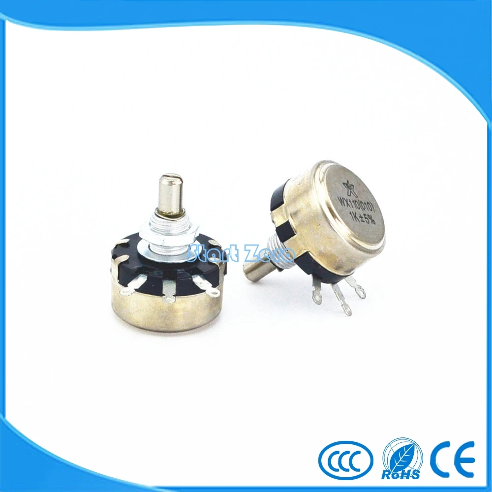 

5PCS WX110 WX010 47R~22K 3 Terminals 6mm Round Metal Shaft Single Turn Wire Wound Potentiometer 1W