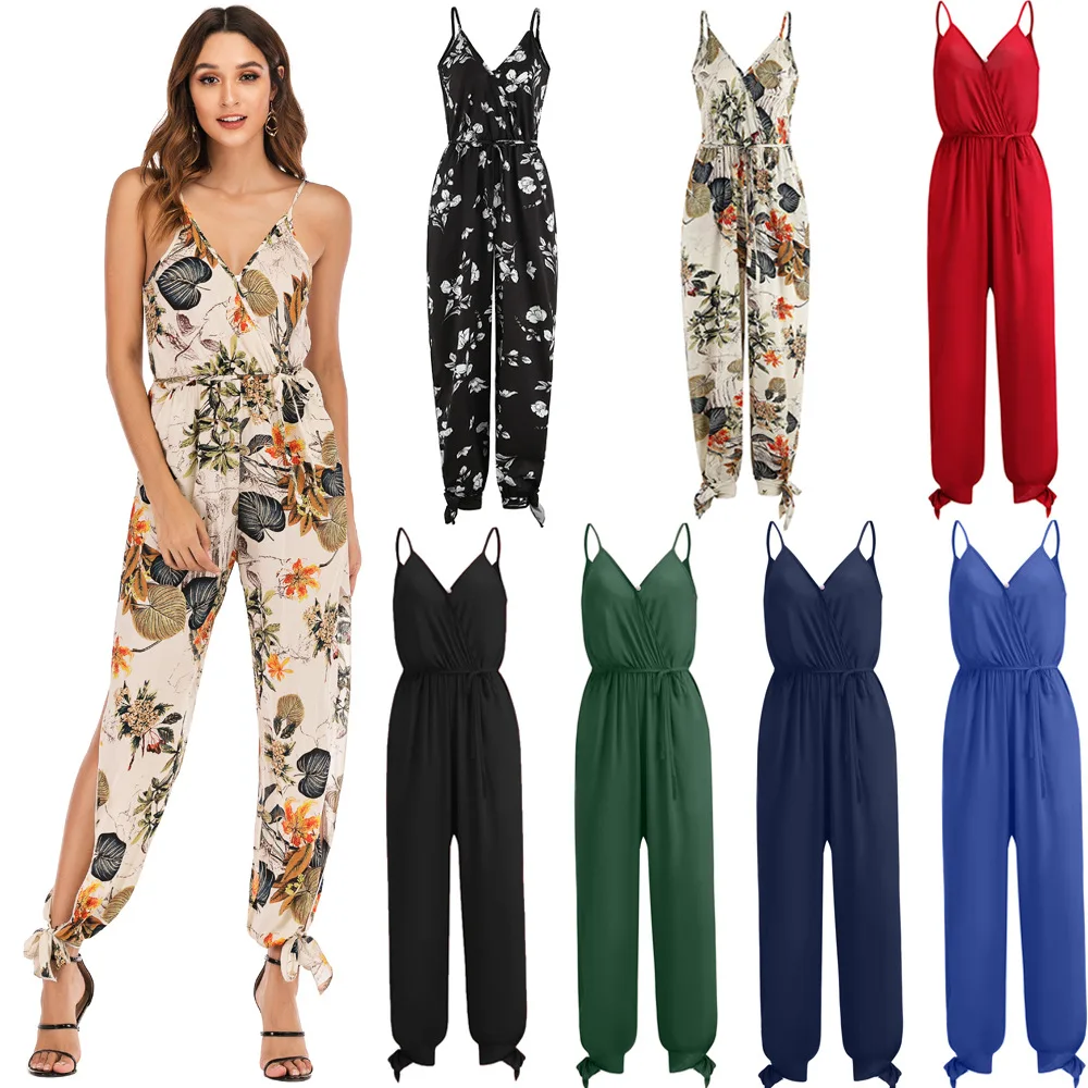 

Sexy Deep V-Neck Strap Backless Drawstring Rompers Women Print Pocket Lace Up Long Pants 2019 New Summer Jumpsuits