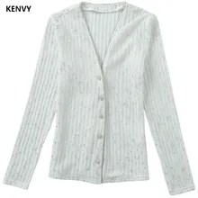 Бренд KENVY, Модный женский высококачественный роскошный весенний белый v-образный вырез с длинными рукавами, сверхмощный тонкий эластичный кардиган, футболки, топы, футболки